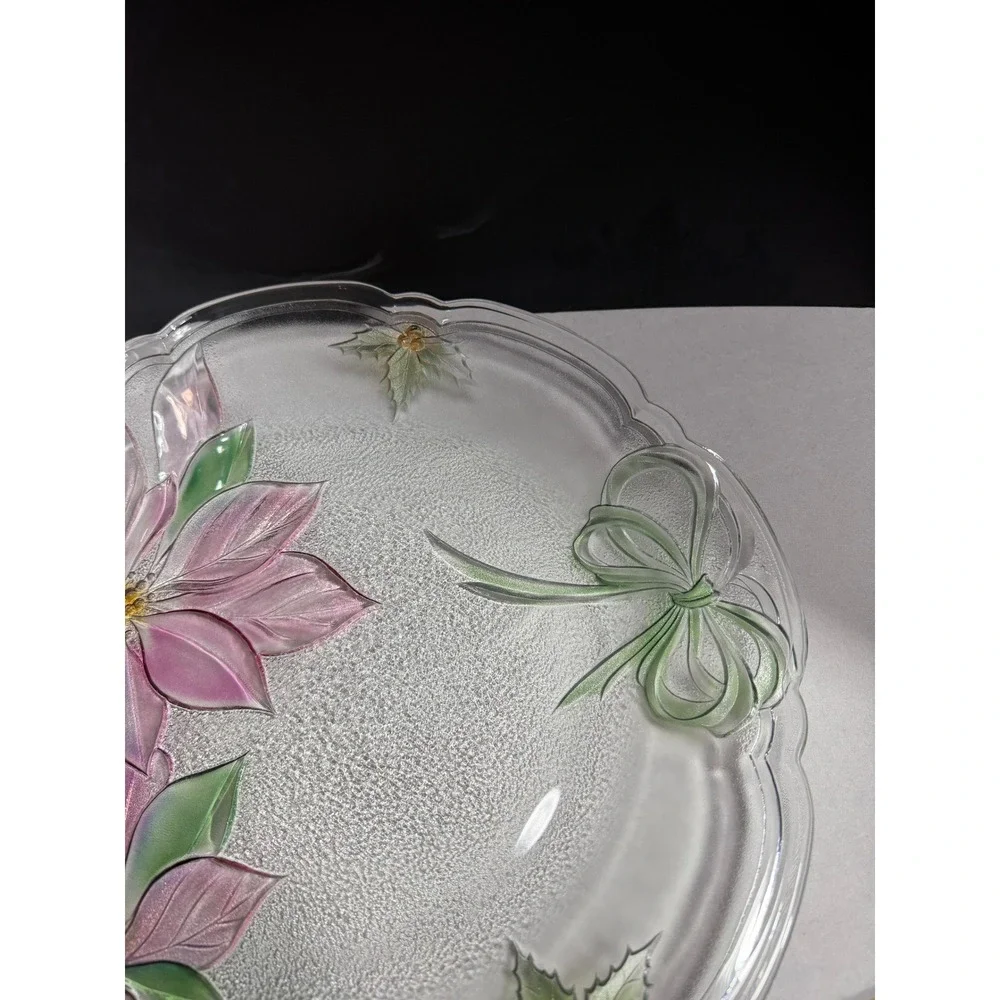 Mikasa Holiday Poinsettia Glass Platter Christmas Serving Plate Textured Floral